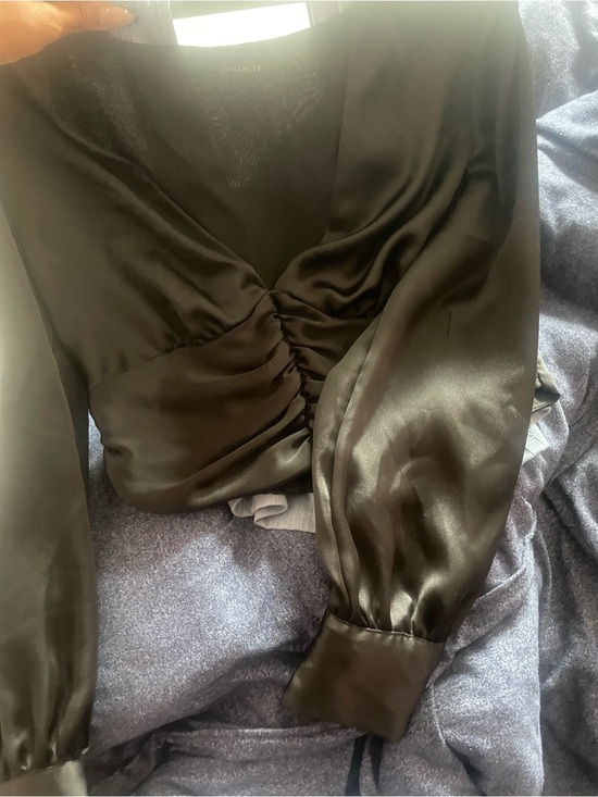 Tops - Black Satin Ruched V-Neck Blouse
